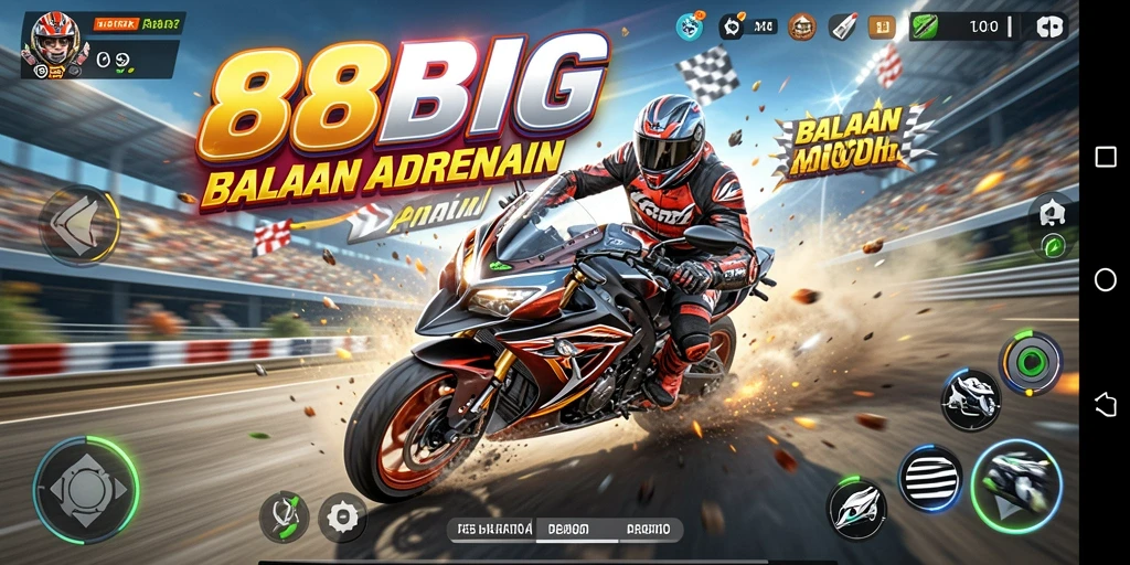 Screenshot dari gameplay 88BIG menampilkan balapan motor yang seru.
