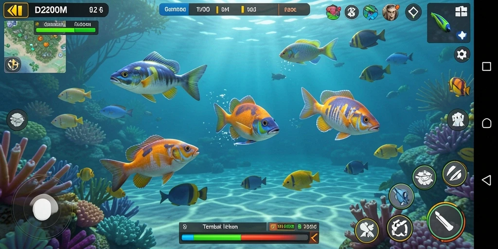 Tampilan gameplay seru D200M dengan aksi menembak ikan.
